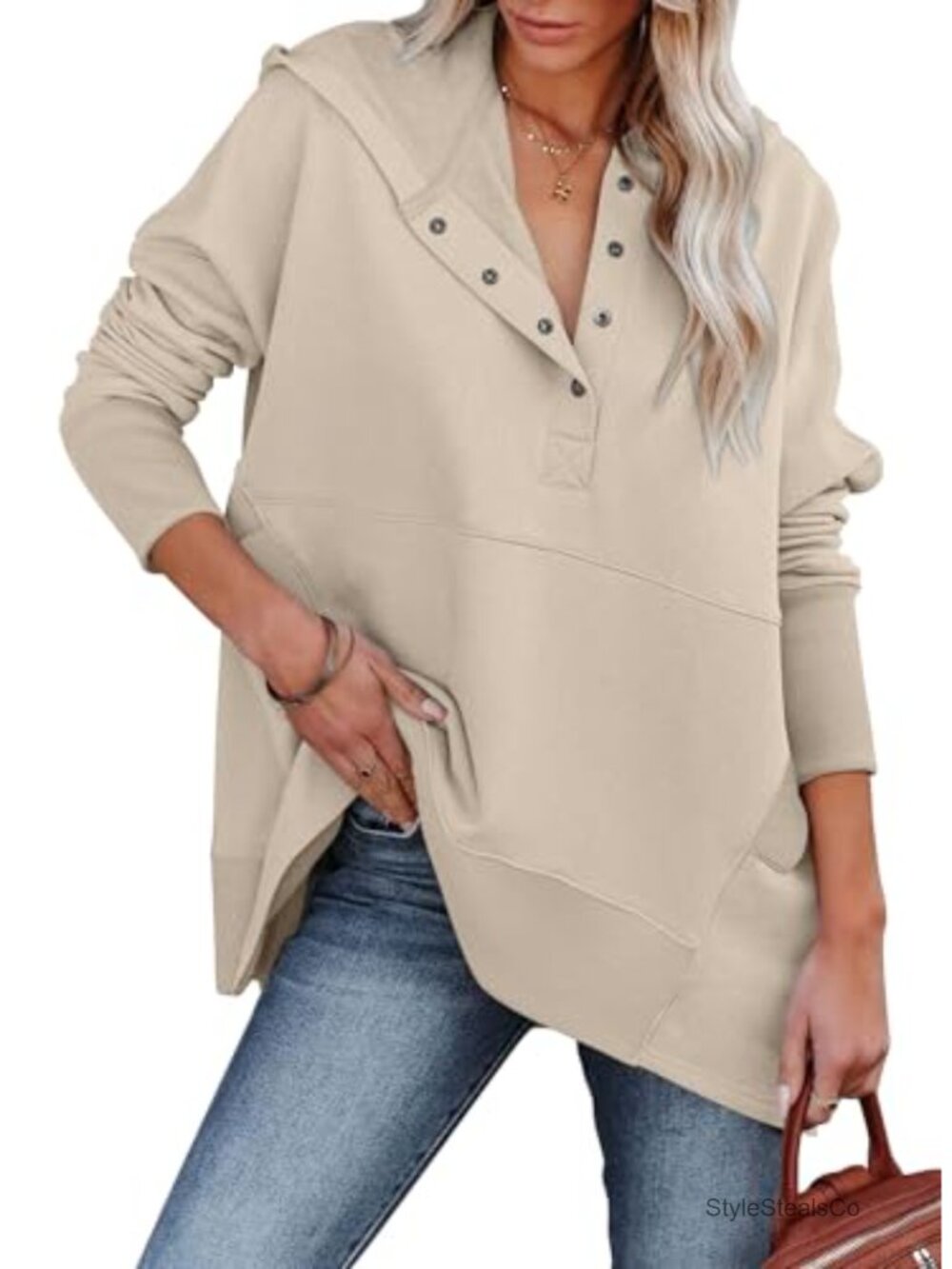 Oversized V Neck Button Down Hoodie Sweatshirt Pullover Ribbed Hem Casual Fall